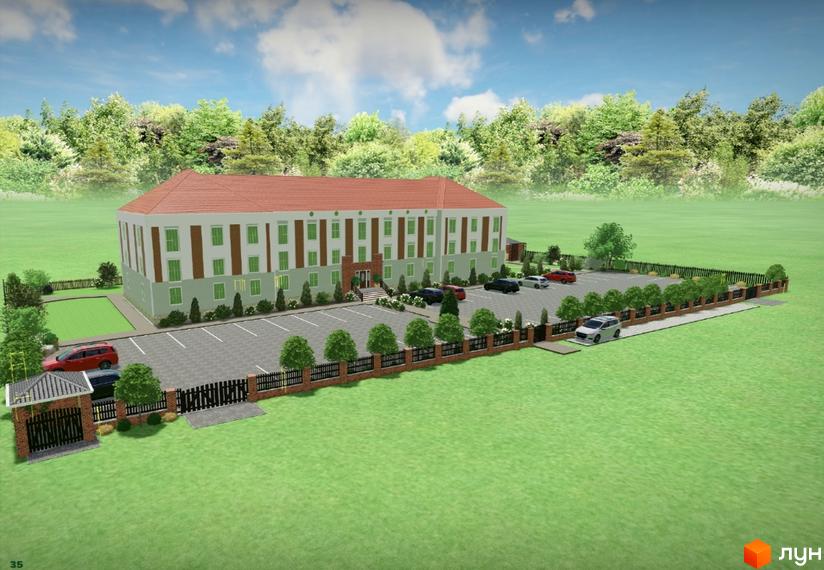 Зовнішній вигляд житлового комплексу Австрійський з парковкою та огородженою територією. Навколо будинку зелена галявина та дерева.