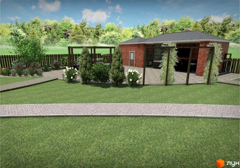 Житловий комплекс Австрійський: цегляний будинок з навісом та зоною барбекю, оточений зеленим газоном, деревами та квітковими клумбами. Додатково є вимощена доріжка.