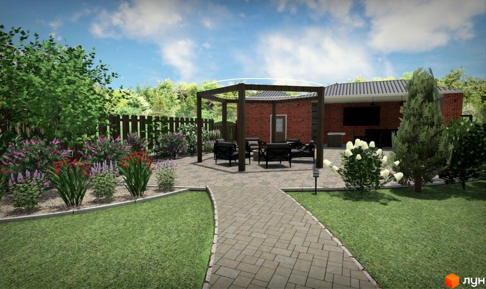 Затишна зона відпочинку з перголою та меблями у житловому комплексі Австрійський. Зелена галявина та квітучі рослини створюють приємну атмосферу.