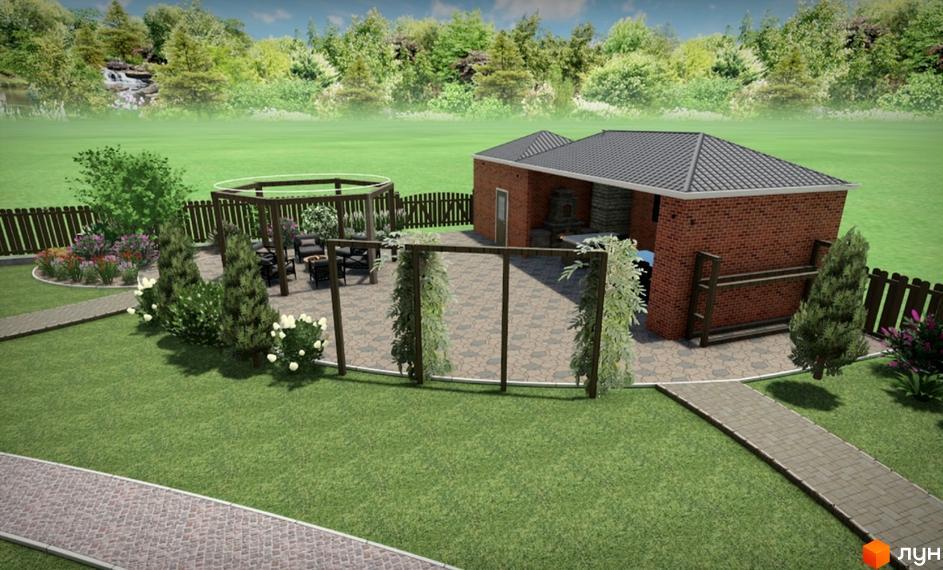 Зовнішній вигляд будинку з цегли та прибудинкова територія з альтанкою та зоною відпочинку. Житловий комплекс Австрійський - комфортне життя для вашої родини.