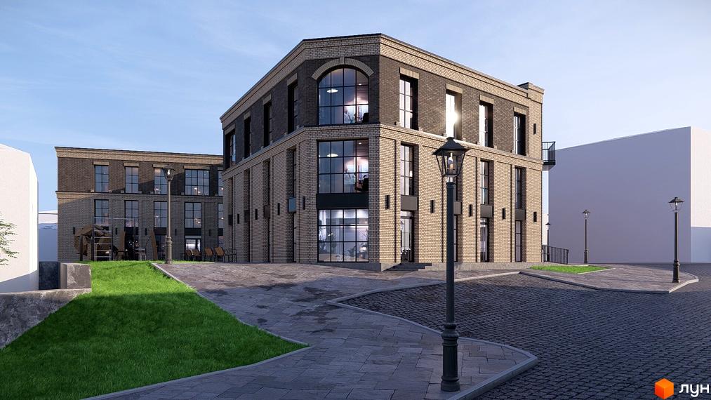 Зовнішній вигляд житлового комплексу Замковий з цегляним фасадом та великими вікнами. На прибудинковій території зелена галявина та бруківка.