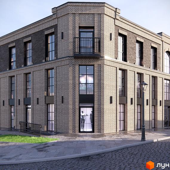 Зовнішній вигляд новобудови ЖК Замковий з цегляним фасадом та великими вікнами. Навколо будинку брукована вулиця та зелена ділянка.