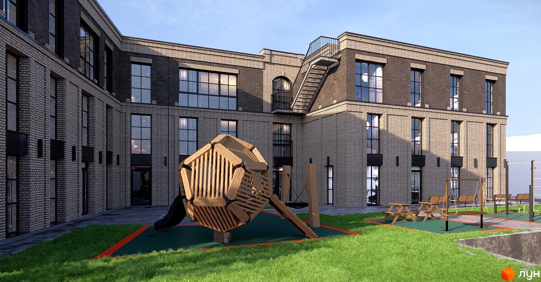 Зовнішній вигляд новобудови ЖК Замковий з цегляним фасадом та прибудинковою територією з дитячим майданчиком та зонами відпочинку.