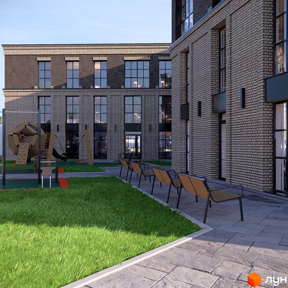 Житловий комплекс Замковий: фасад з цегляною кладкою та великими вікнами, поруч дитячий майданчик та лавки для відпочинку.