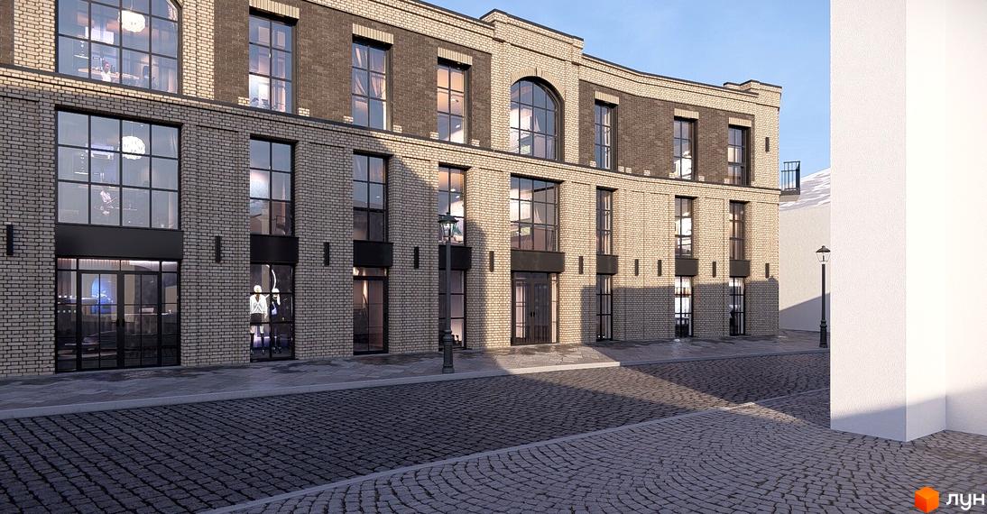 Зовнішній вигляд житлового комплексу Замковий з цегляним фасадом та великими вікнами. Навколо будинку брукована вулиця та тротуар.