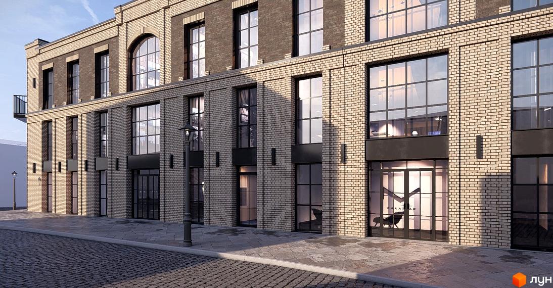 Фасад житлового комплексу Замковий з цегляною обробкою та великими вікнами. Поруч бруківка та ліхтар.