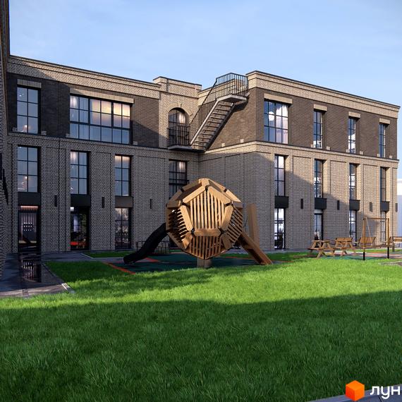 Зовнішній вигляд житлового комплексу Замковий з цегляним фасадом та дитячим майданчиком. На території є зелена зона та місця для відпочинку.