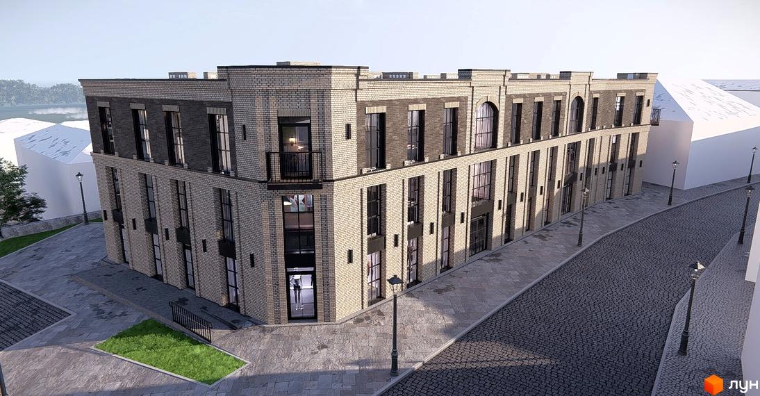 Зовнішній вигляд новобудови ЖК Замковий з цегляним фасадом та бруківкою на прибудинковій території. Огляд фасаду будівлі та вулиці.