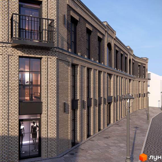 Житловий комплекс Замковий: цегляний будинок з великими вікнами та балконом, розташований на брукованій вулиці з ліхтарями.