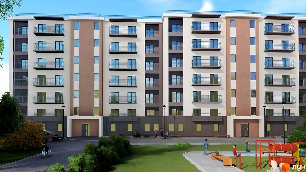 Зовнішній вигляд багатоповерхового будинку з балконами та вікнами, поруч дитячий майданчик та зелена зона. Житловий комплекс на вул. Богомольця, 19.