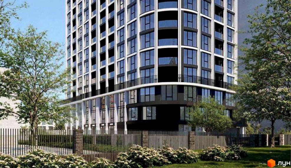 Зовнішній вигляд новобудови ЖК Lake Park з панорамними вікнами та балконами, оточеної деревами та огородженою територією з кущами.
