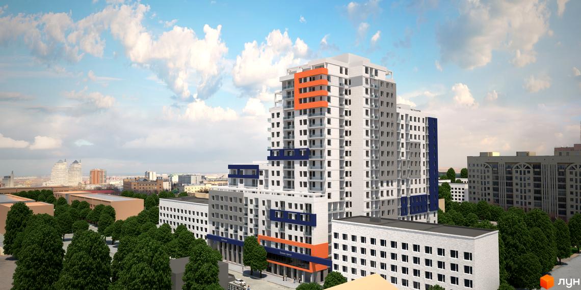 Новобудова ЖК iQ-House з білими фасадами, синіми та помаранчевими акцентами. Навколо зелені дерева та міська забудова.