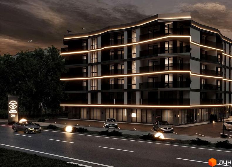 Новобудова Riviera Residence з вигнутим фасадом та підсвіткою. Біля будинку дорога, припарковані автомобілі та освітлення.