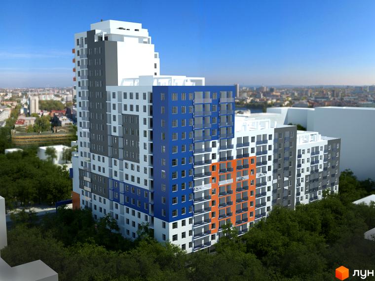 Житловий комплекс iQ-House - багатоповерхова новобудова з синіми, сірими та білими фасадами, з помаранчевими елементами. Навколо розташовані зелені дерева.