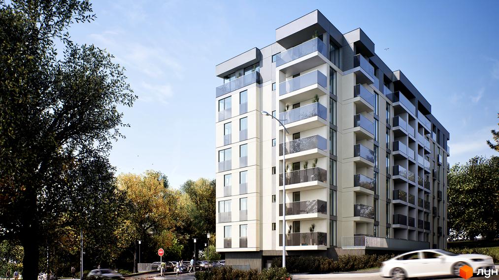 Зовнішній вигляд новобудови ЖК Lumierra Residence з балконами та вікнами. Навколо будинку зелена зона з деревами та припарковані автомобілі.