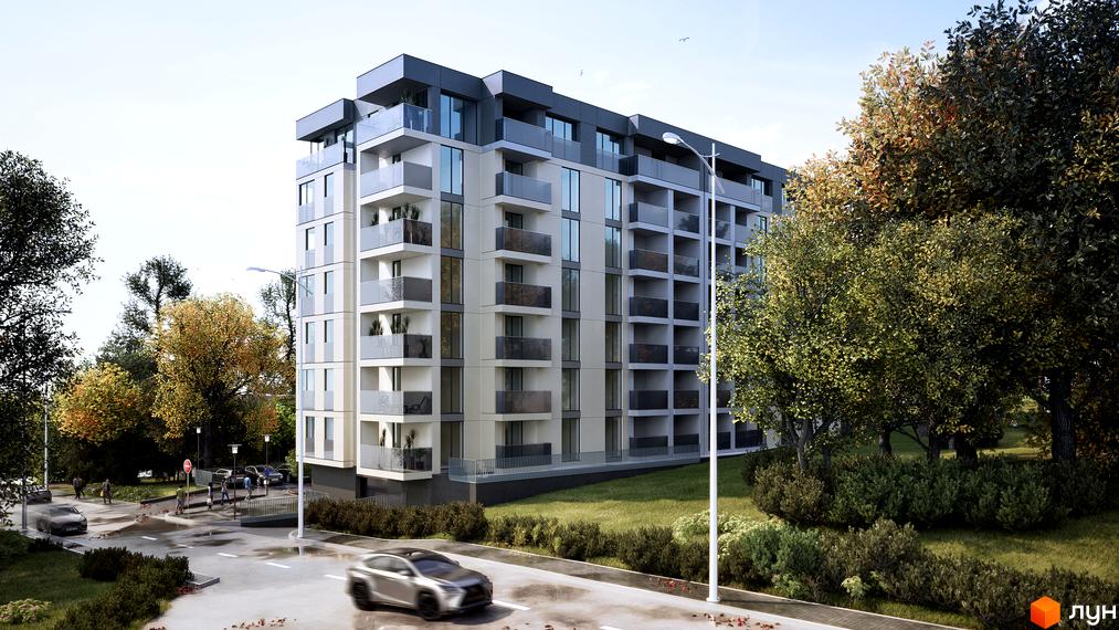 Зовнішній вигляд новобудови ЖК Lumierra Residence з балконами та вікнами, оточений деревами та доглянутою прибудинковою територією.
