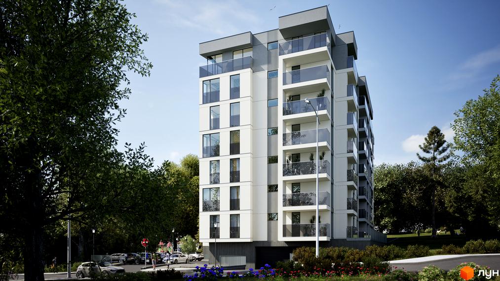 Житловий комплекс Lumierra Residence – це багатоповерхова новобудова з балконами та панорамними вікнами, розташована серед зелених дерев та облаштованої прибудинкової території.