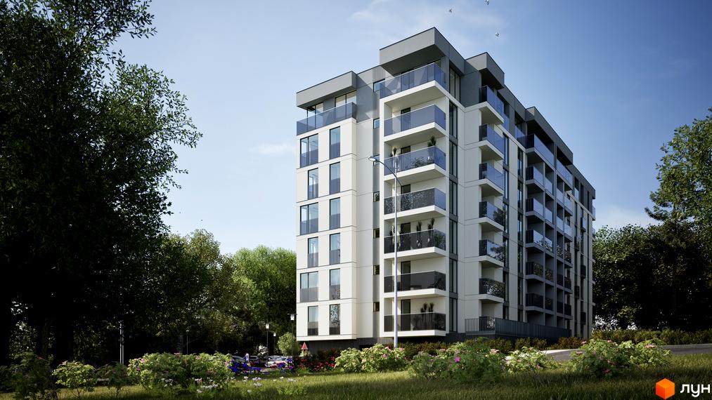 Зовнішній вигляд будинку ЖК Lumierra Residence з балконами та скляними фасадами, оточений зеленню та квітами. Навколо будинку розташовані дерева та кущі.