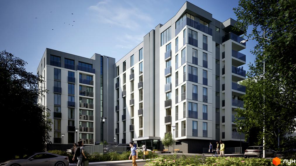 Зовнішній вигляд новобудови ЖК Lumierra Residence з балконами та великими вікнами. Прибудинкова територія з деревами та людьми.