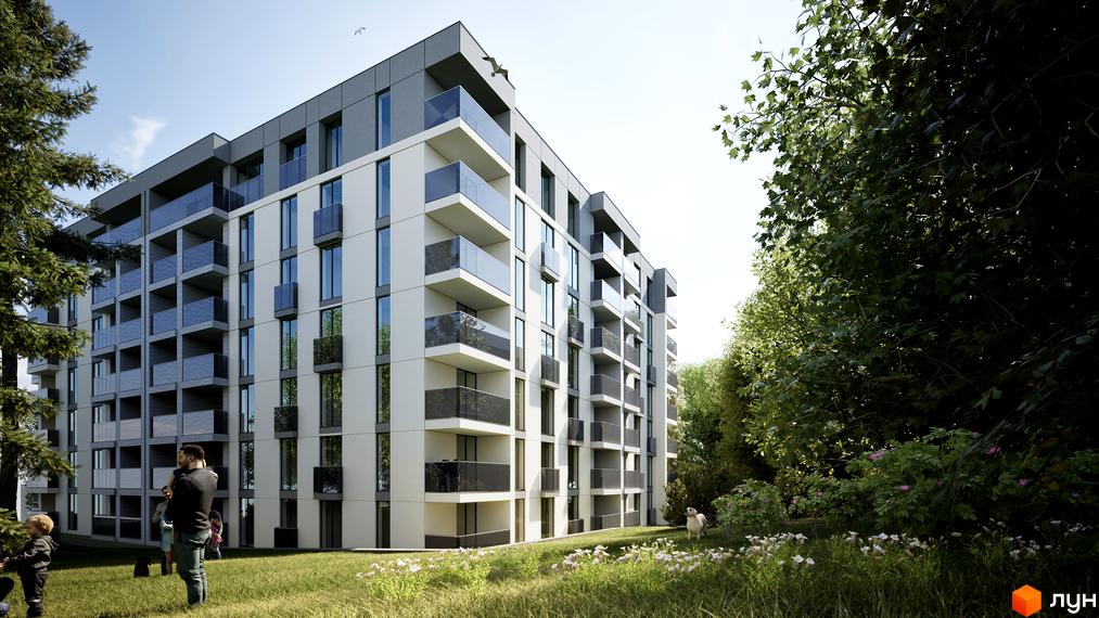 Житловий комплекс Lumierra Residence з балконами та вікнами, оточений зеленню та квітами. На території комплексу гуляють люди та собака.