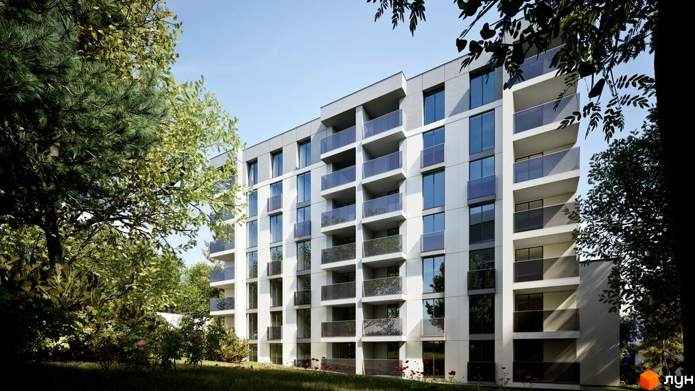 Житловий комплекс Lumierra Residence з білим фасадом та скляними балконами, оточений зеленню та деревами.