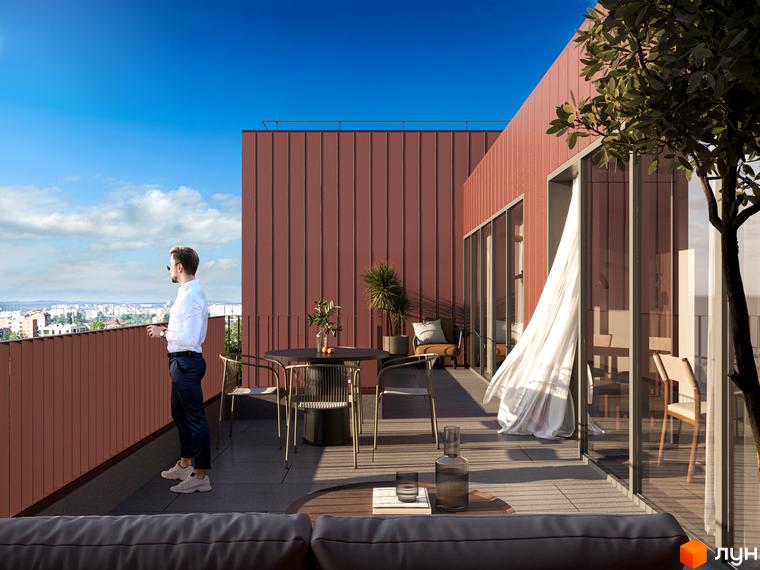 Житловий комплекс Зоряні: чоловік насолоджується краєвидом з тераси з меблями та видом на місто. Сучасна архітектура та комфортний відпочинок на свіжому повітрі.