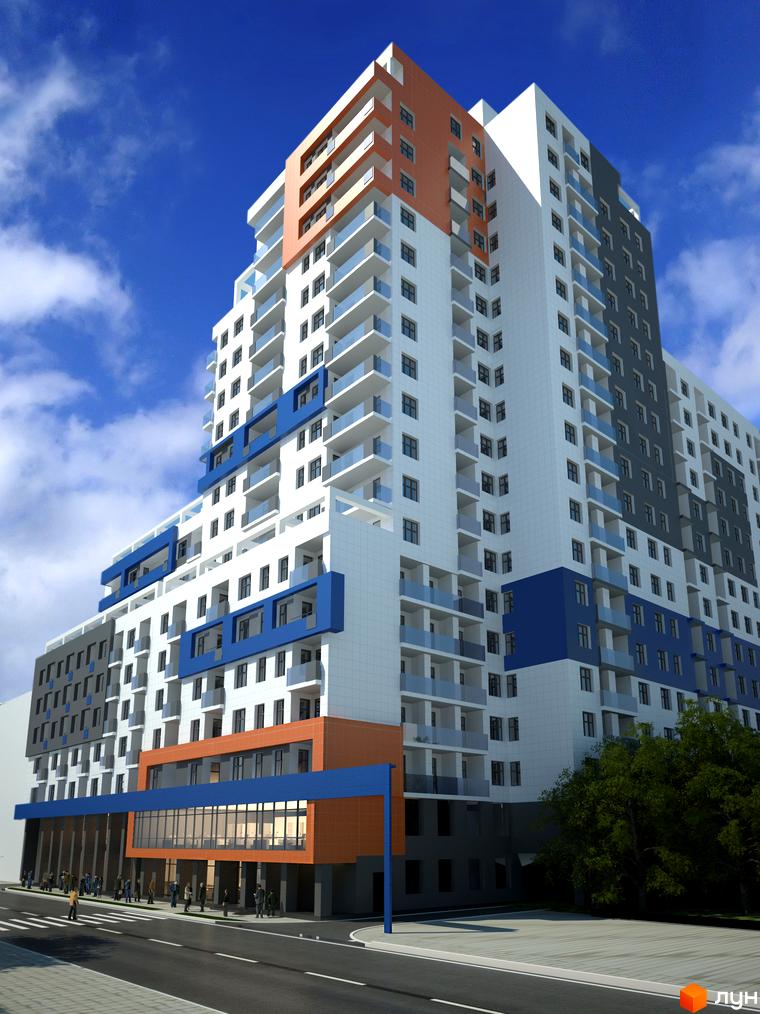 Зовнішній вигляд ЖК iQ-House з білими, сірими та помаранчевими фасадами, синіми декоративними елементами та скляними балконами. На передньому плані дорога з пішохідним переходом та зелені дерева.