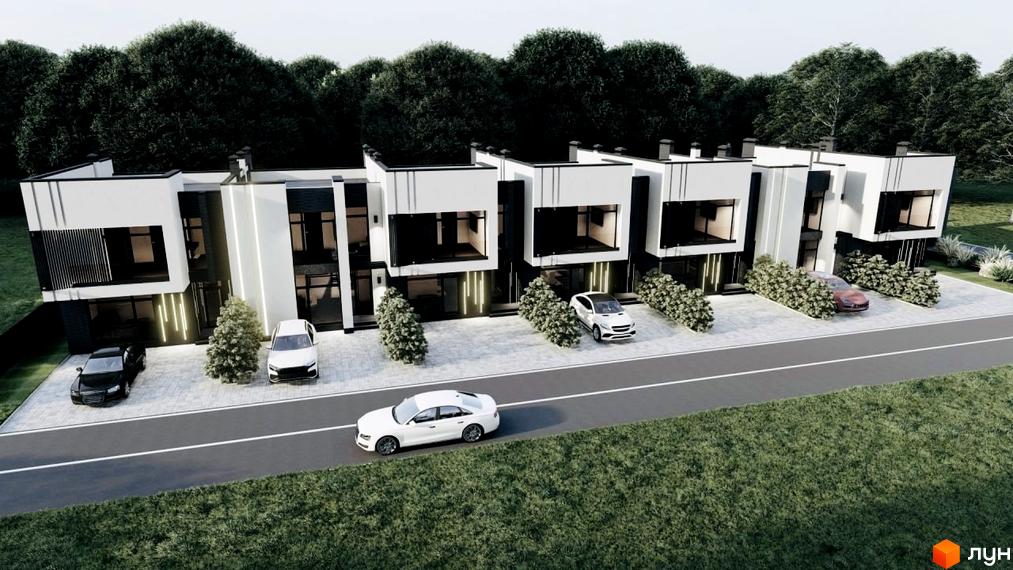 Зовнішній вигляд таунхаусів 7 Seven Townhouses з біло-чорним фасадом та великими вікнами, прибудинкова територія з паркуванням та зеленими насадженнями.