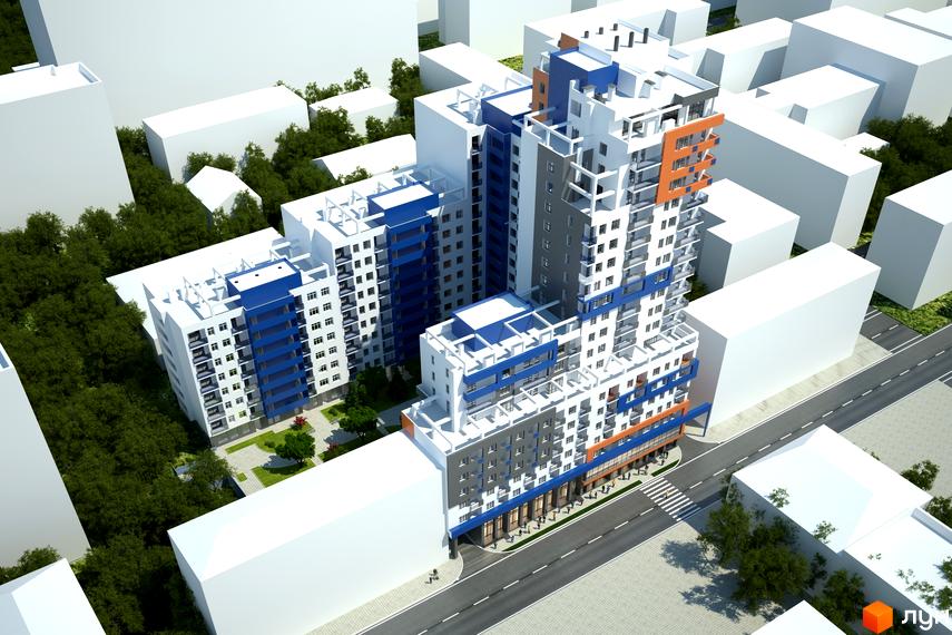 Житловий комплекс iQ-House з фасадами білого, синього та помаранчевого кольорів. Навколо комплексу розташовані дерева та сусідні будівлі.