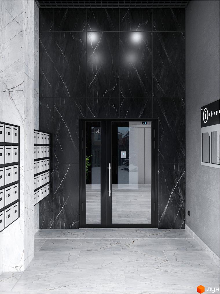 Сучасний вхід у житловий комплекс IP1 з мармуровим оздобленням та поштовими скриньками. Елегантний дизайн фасаду та зручний доступ до ліфта.