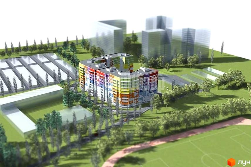 Яскрава новобудова з різнокольоровими фасадами на вулиці Велозаводській. Навколо будинку зелена територія з деревами та іншими будівлями.