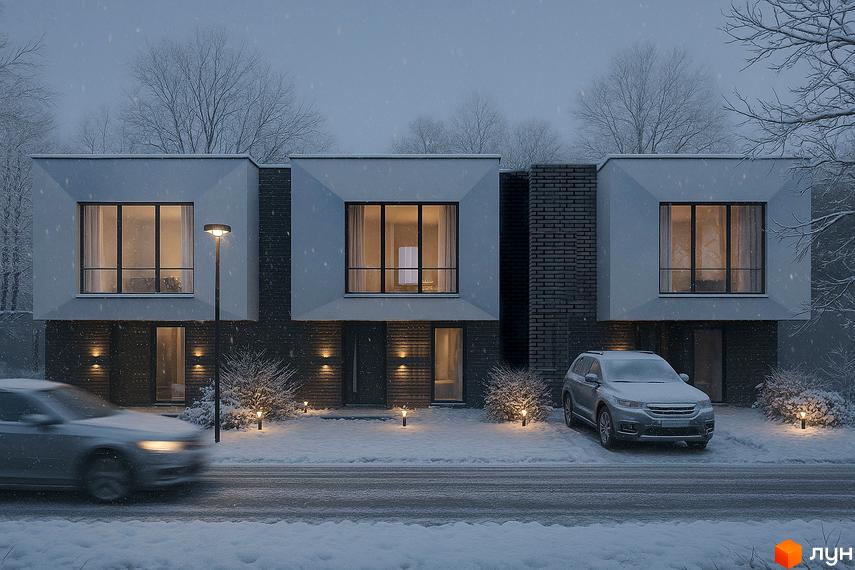 Котеджне містечко KM Riverside у зимовий період з сучасними фасадами та прибудинковою територією, засніженими деревами та автомобілем.