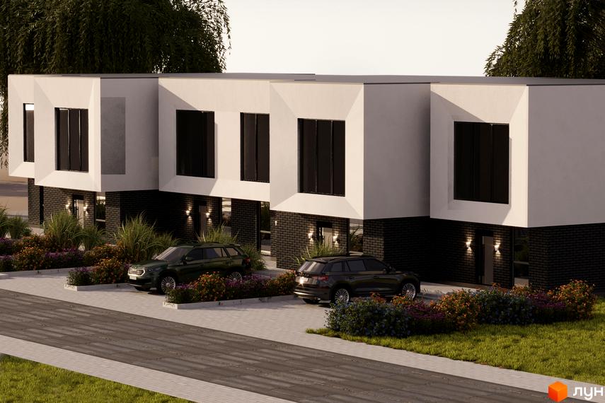 Котеджне містечко Riverside: фасади будинків з великими вікнами та цегляною основою, перед ними два автомобілі та зелені насадження.