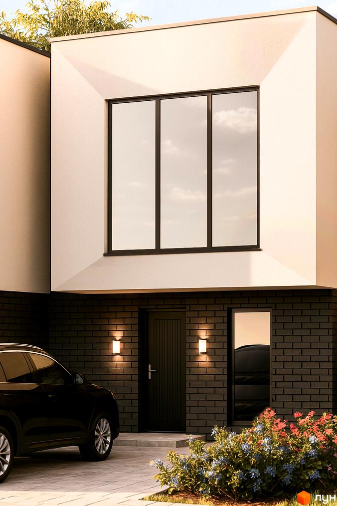 Котеджне містечко КМ Riverside. Сучасний фасад будинку з великими вікнами, цегляна кладка першого поверху, парковка та квіти біля входу.