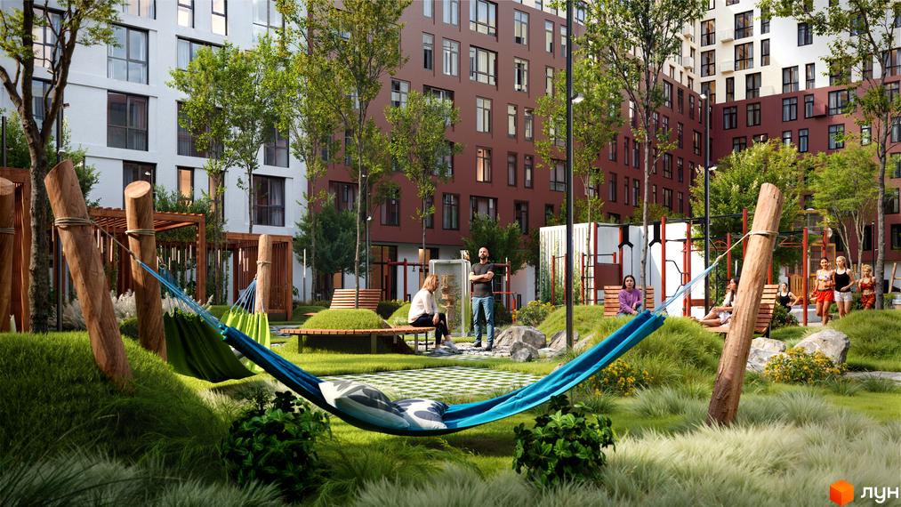 Житловий комплекс Father. Сучасний двір з гамаками, лавками та зонами для відпочинку біля багатоповерхових будинків.