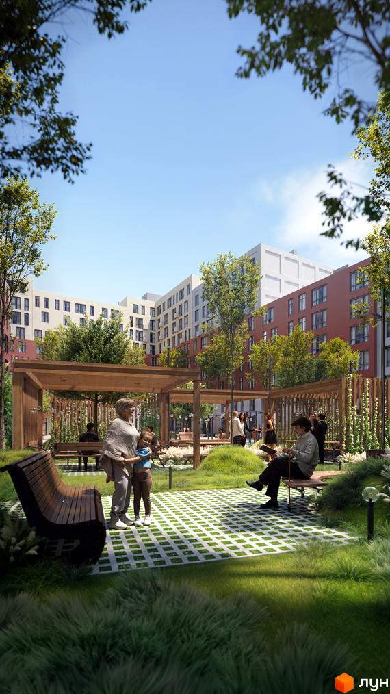 Житловий комплекс Father. Будинки з червоною та білою обробкою, внутрішній двір з альтанками, лавками та зеленими зонами.