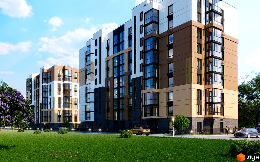 Зовнішній вигляд житлового комплексу Гармонія з фасадами білого, коричневого та сірого кольорів. Навколо комплексу зелена галявина та дерева.