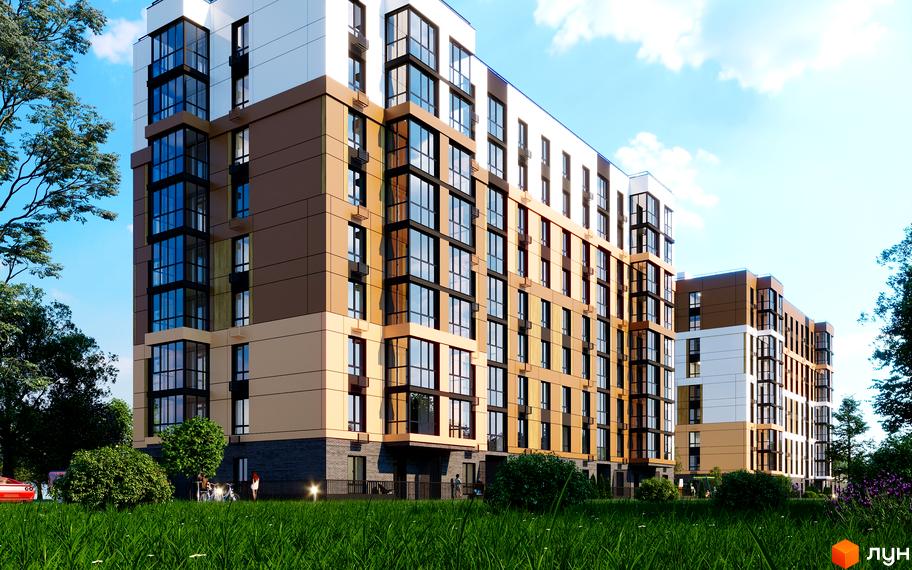 Новобудова ЖК Гармонія з коричневими та бежевими фасадами, великими вікнами та зеленою прибудинковою територією. Будинок оточений деревами та газоном.