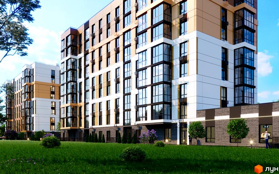 Новобудова ЖК Гармонія з білими та золотистими фасадами, великими вікнами та зеленою прибудинковою територією. Будинок має багатоповерхову структуру з еркерними елементами.