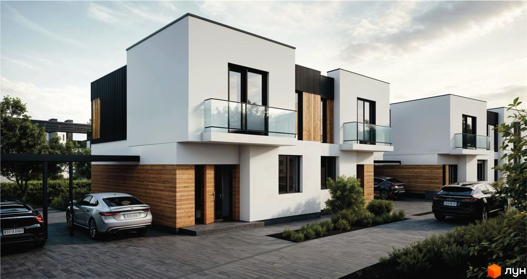 Сучасні дуплекси 59 STREET з дерев'яними елементами та скляними балконами, прибудинкова територія з автомобілями та зеленими насадженнями.