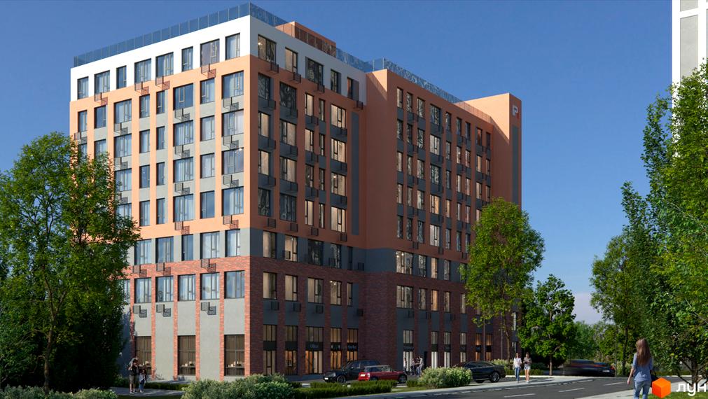 Зовнішній вигляд житлового комплексу IP1 з цегляним та персиковим фасадом, великими вікнами та скляним огородженням на даху. Навколо комплексу зелені дерева та облаштована прибудинкова територія.