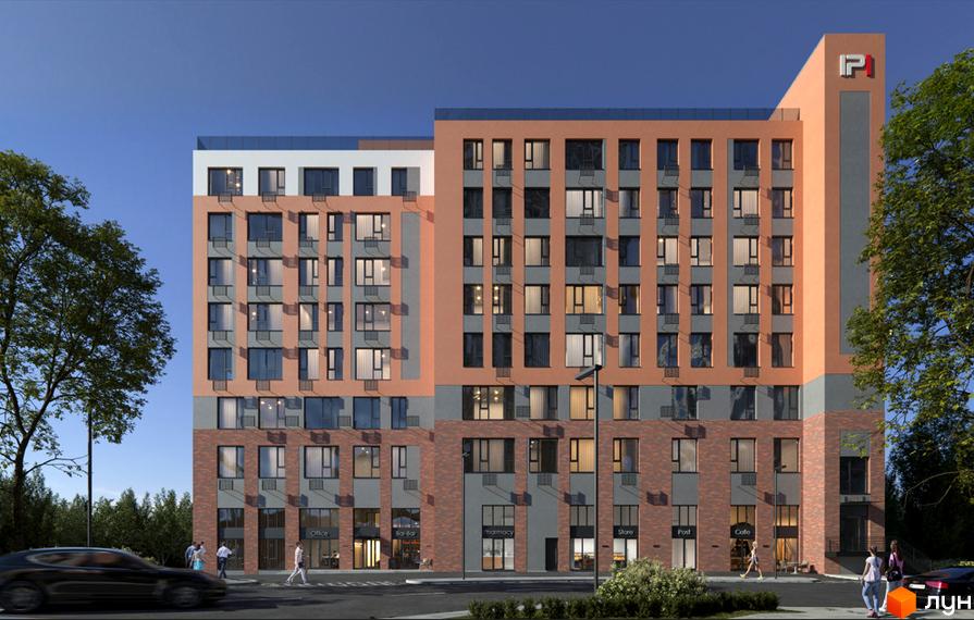 Новобудова ЖК IP1 з фасадами з цегли та штукатурки, вікнами та балконами, на тлі блакитного неба та дерев. Біля будинку розташована дорога та тротуар з пішоходами.