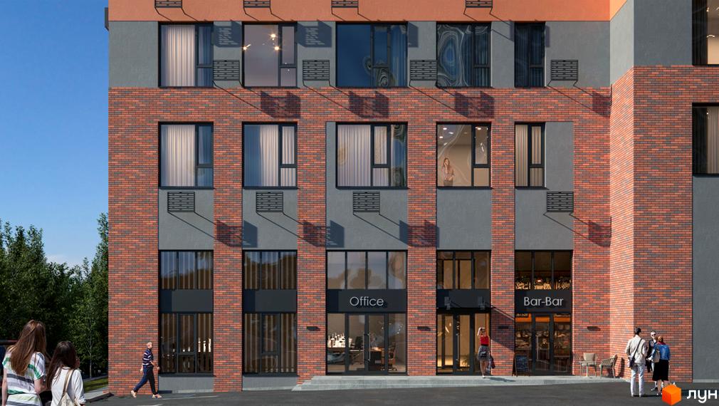 Фасад житлового комплексу ЖК IP1 з цегляною обробкою та великими вікнами. Перед будинком розташовані вхідні групи 