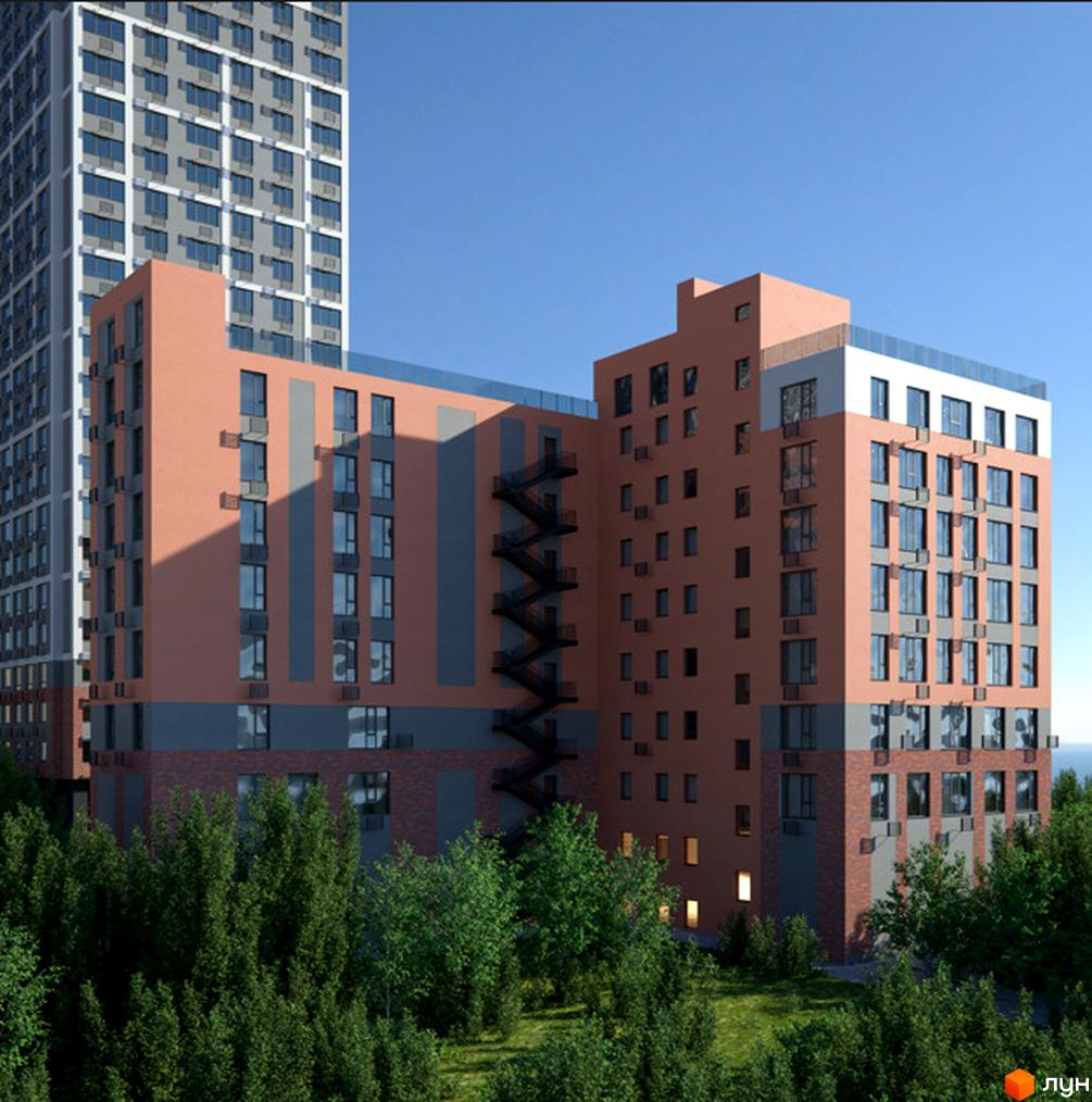 Житловий комплекс IP1 – це сучасна новобудова з цегляним фасадом та великою кількістю вікон, оточена зеленню.