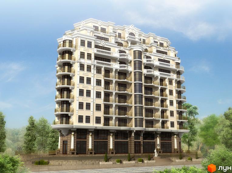 Житловий комплекс ЖК Крит з фасадом, оформленим балконами та вікнами. Прибудинкова територія з зеленими насадженнями та пішохідними доріжками.