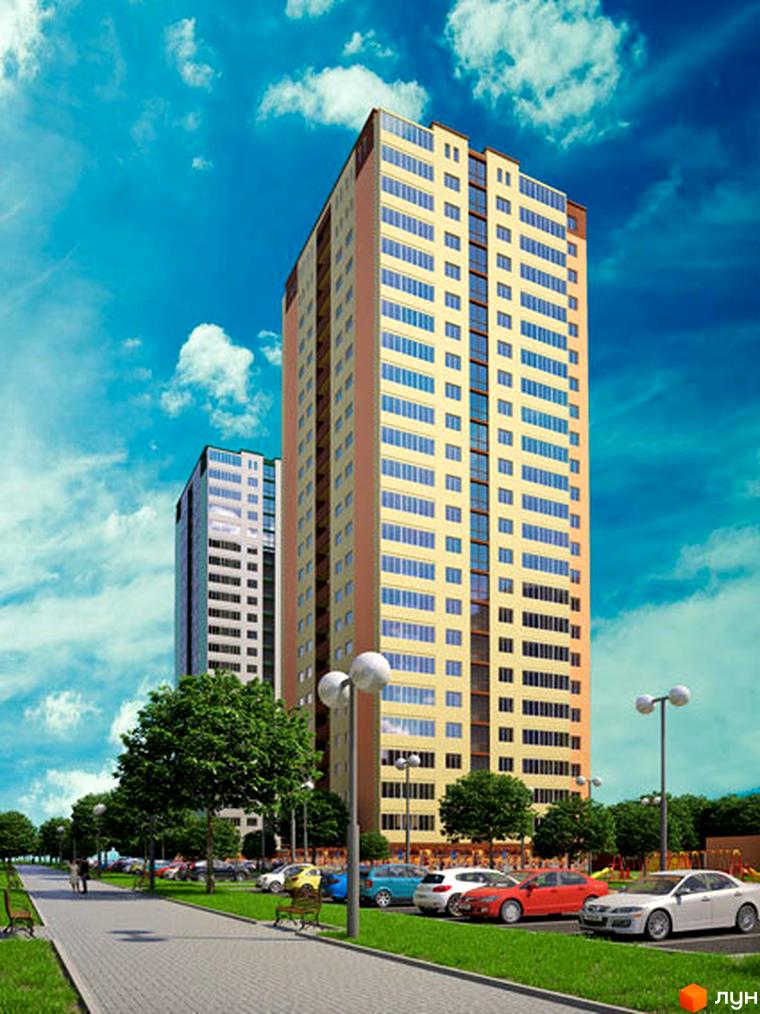 Житловий комплекс Журавли: висотні будинки з жовтою та сірою обробкою, парковка та зелена зона з деревами і лавками.