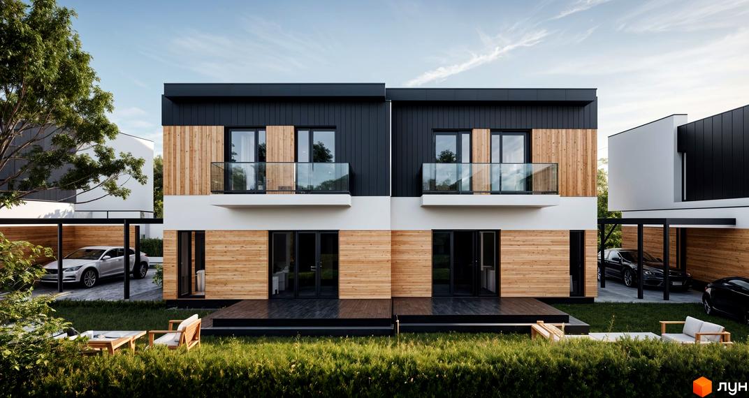 Зовнішній вигляд дуплексів 59 STREET з дерев'яним оздобленням та скляними балконами. На прибудинковій території розташовані автомобілі та зелена зона з меблями.