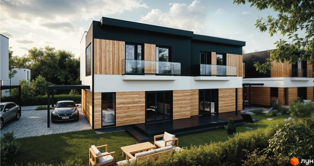 Дуплекси 59 STREET - сучасні будинки з дерев'яними фасадами та скляними балконами, прибудинкова територія з автомобілями та зоною відпочинку.