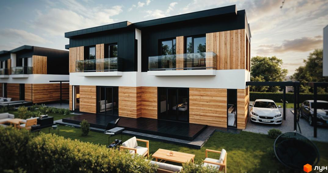 Дуплекси 59 STREET: двоповерхові будинки з дерев'яним оздобленням та скляними балконами, зелений двір з місцями для паркування.