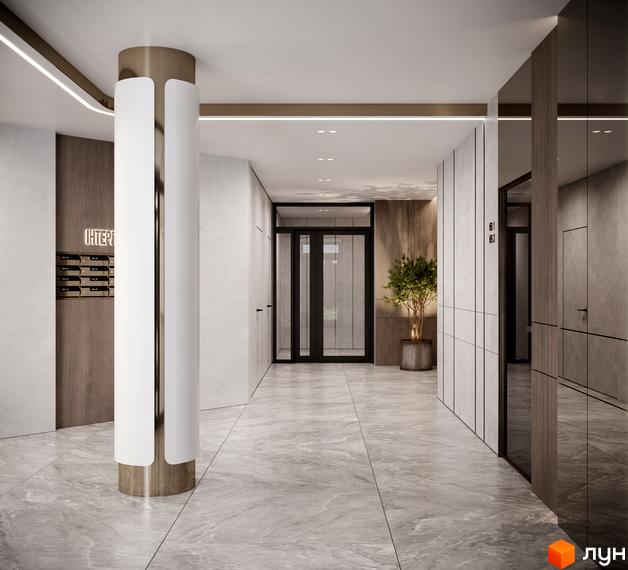 Сучасний інтер'єр холу житлового комплексу Резиденція Бойківська з підсвіченими колонами та поштовими скриньками.
